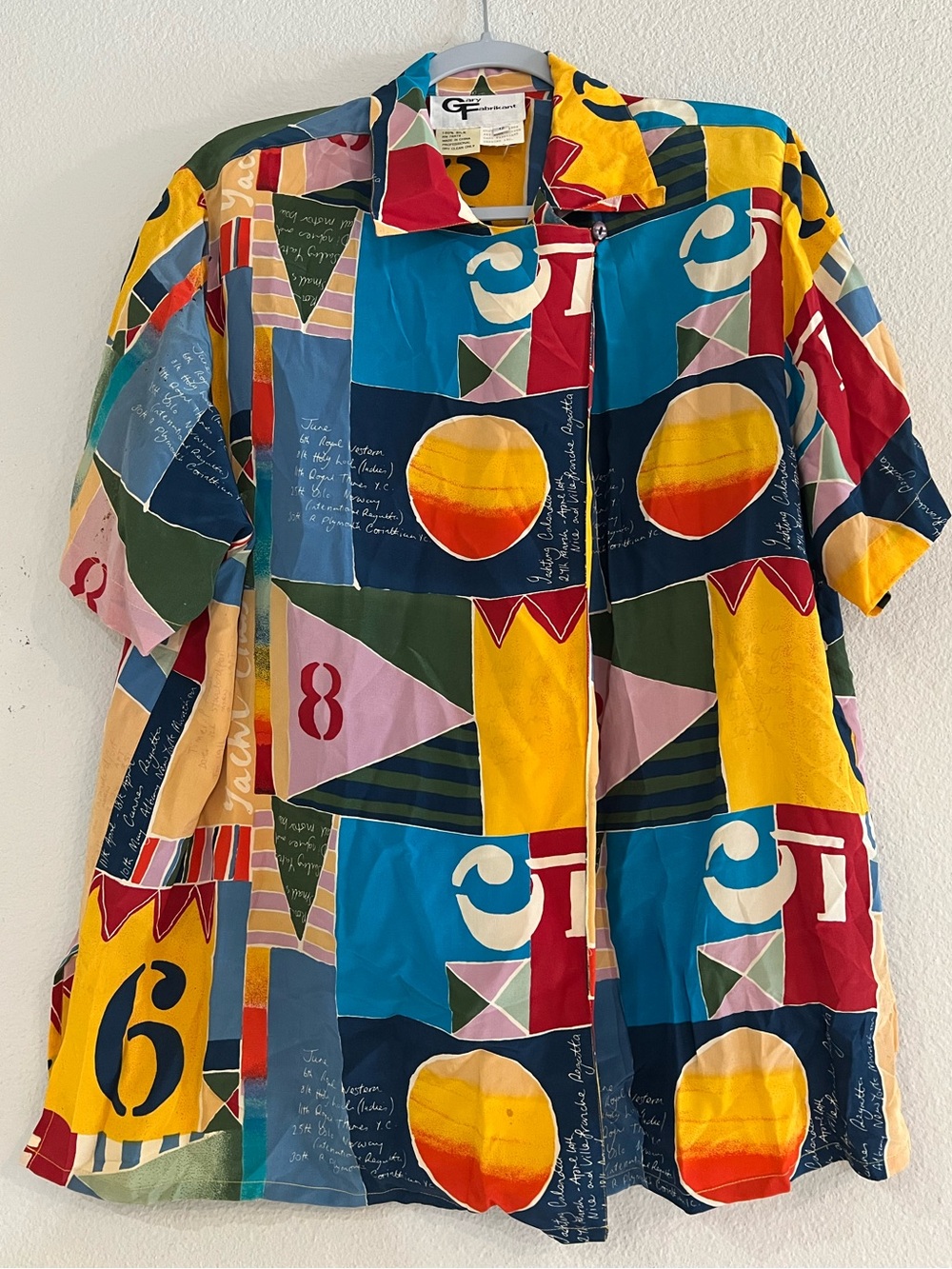 Vintage 90s Gary Fabrikant 100% Silk Colorful Abstract Geometric Button Up Shirt